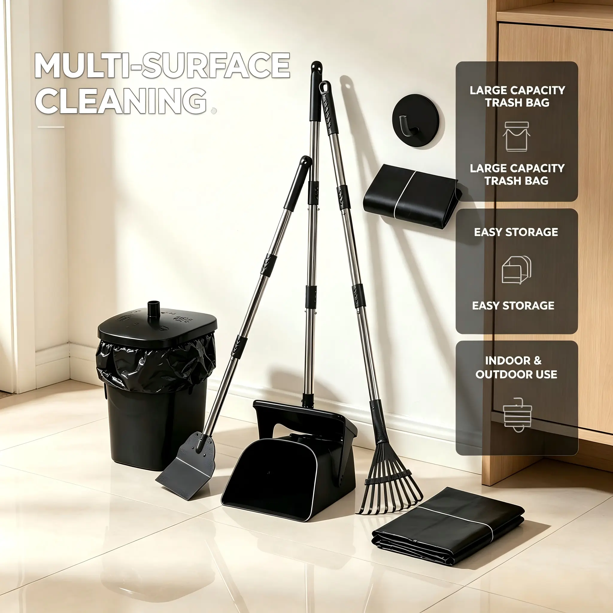 Stainless Steel Dog Pooper Scooper Kit - 40" Long Swivel Bin, Rake, Spade, 20 Waste Bags & Hook, Heavy Duty Portable Metal Tool for Large & Medium Dogs (Home Care Brooms Category)