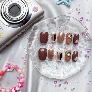 Custom Brown Press On Nails | Glossy & Metallic Bronze Accents | 3D Crystal & Abstract Art | Personalized Fall Nail Design