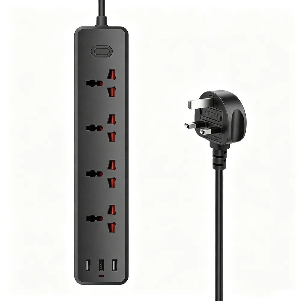 1.2M power strip with 4 AC outlets and 3 USB 5V 2.1A ports; 10A 2000W flame-retardant ABS extension cord; features overload protection for safety; a portable charging station suitable for home, dorm rooms, and travel