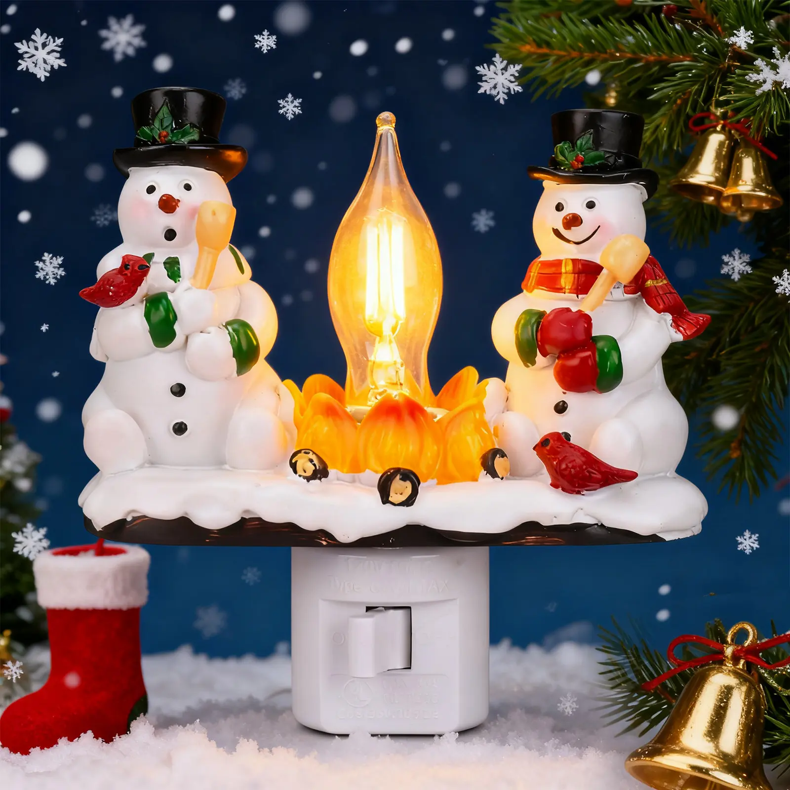Christmas Decorations，Snowman Campfire Night Light，4 Inch Resin Rotating Plug Christmas Night Light With Flame Flicker Effect, Suitable For Children's Room, Hallway, Living Room, Staircase Decoration