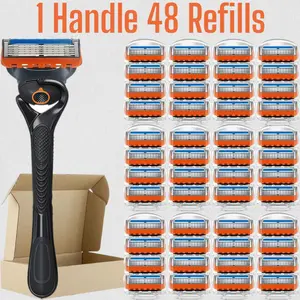 Men's Shaver Razors Set with 1 Handle and 12/24/36/48 Replacement Blades, 5 Layer Blades for Smooth Shaving, Waterproof and Rustproof Design