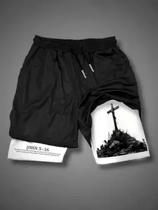 Men's Religious Style Faux Two-Piece Casual Shorts, Cross Mountain Print with John 3:16 Scripture, Daily Wear, Dark Fashion Match