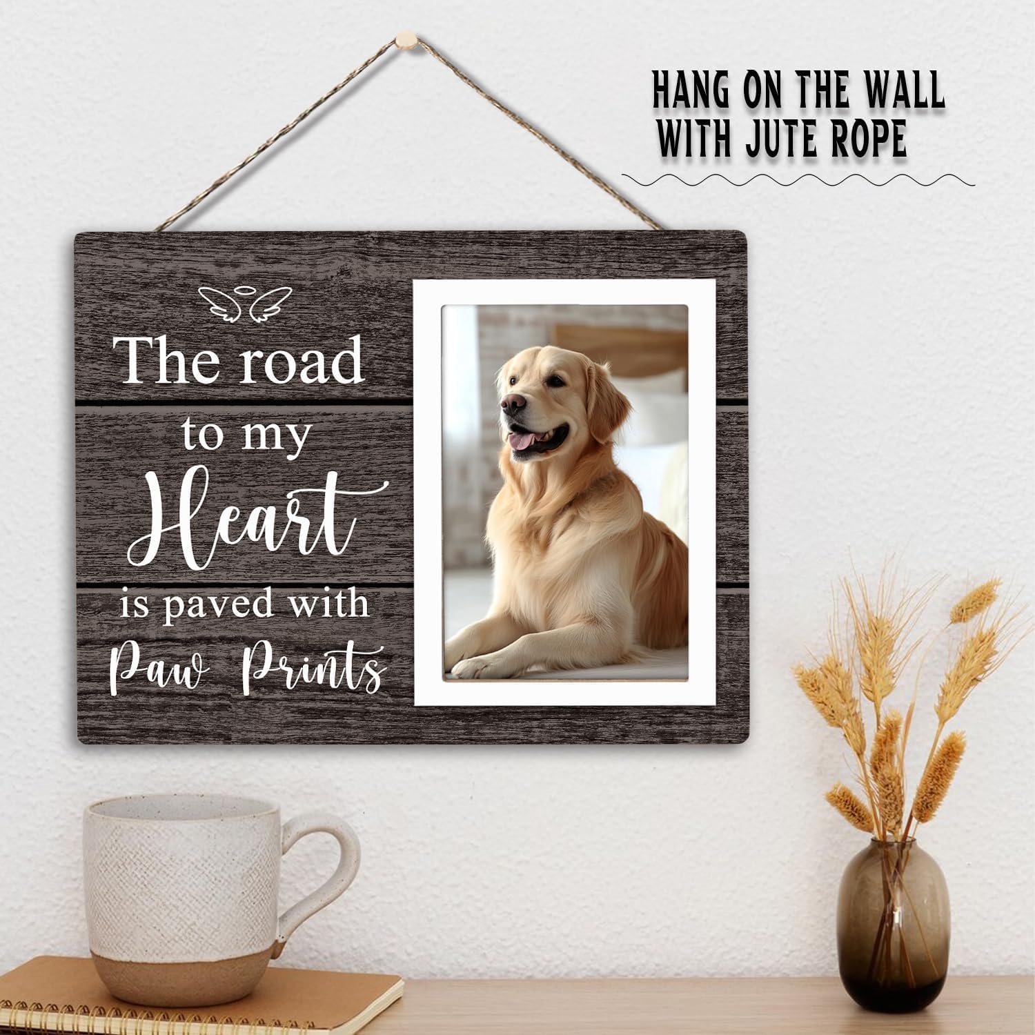 Pet Memorial Picture Frame – Wooden Dog & Cat Photo Frame Gift for Pet Lovers, Dog Mom & Dog Dad Memorial Keepsake, 4x6 Paw Print Frame Decor