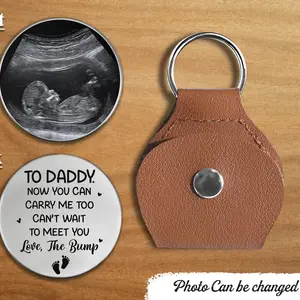 Father’s Day & Birthday Gift for Dad, Grandpa Can’t Wait To Meet You Custom Photo Pocket Hug Token, Baby Shower Gifts For New Parents, Ultrasound Photo Leather Keychain, Pregnancy Reveal Gift Daddy To Be