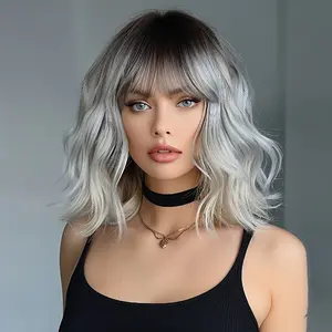 Women's 12" Black to Gray Ombre Bob Wig with Bangs - Natural Looking Curly Wavy Synthetic Hair, High Density 150% Volume, Lightweight & Easy to Style for Halloween, Cosplay, Parties, Everyday - Suitable for All Light Beige Tones & Ethnicities