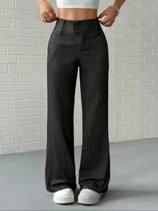 Elegant Women's Straight Leg Pants, Fit, Vertical Striped, Office & Casual Wear, All-Season, Precision Tailoring, Casual Minimalist Trousers