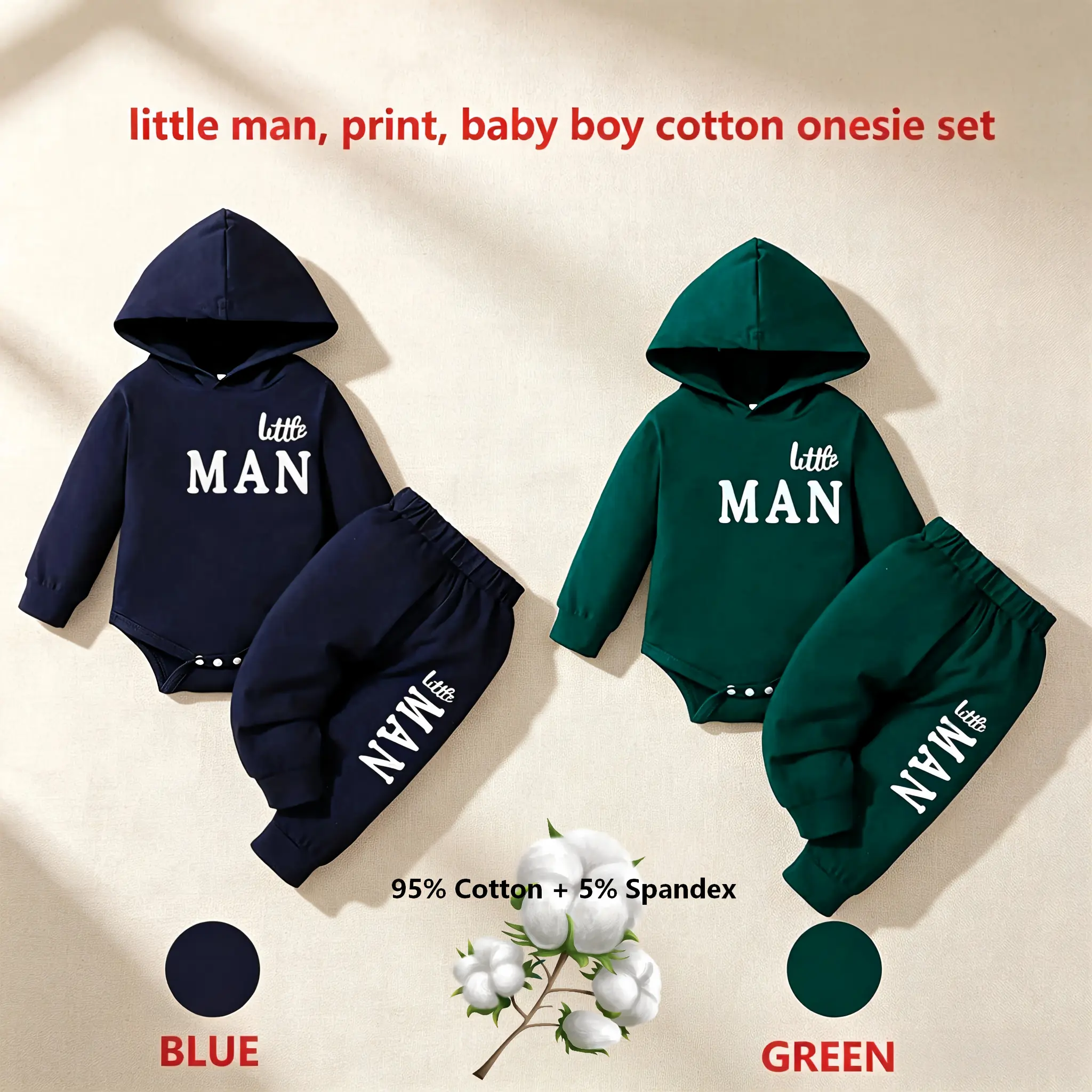 Baby Boy 95% Cotton Hooded Onesie Suit Set - 0-2 Years, Long Sleeves, Unique Letter Print, Snap Buttons, Fitted Cut, Ideal Gift