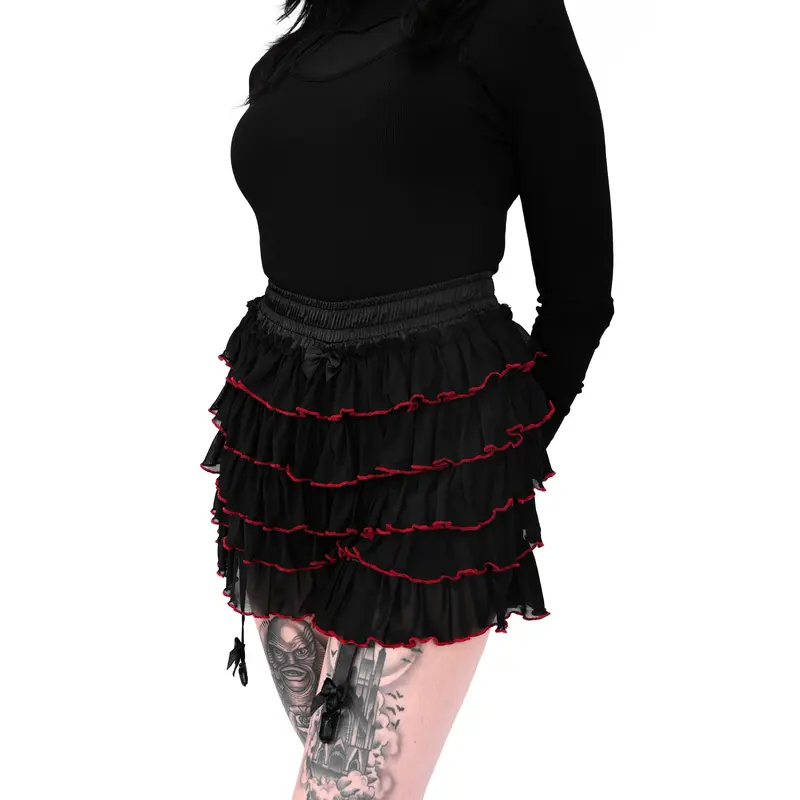 Foxblood Shop Women's Arabella Ruffle Bloomer Bottoms - Black and Red, Spandex-Polyester Blend, Elastic Waist, Mesh Accent