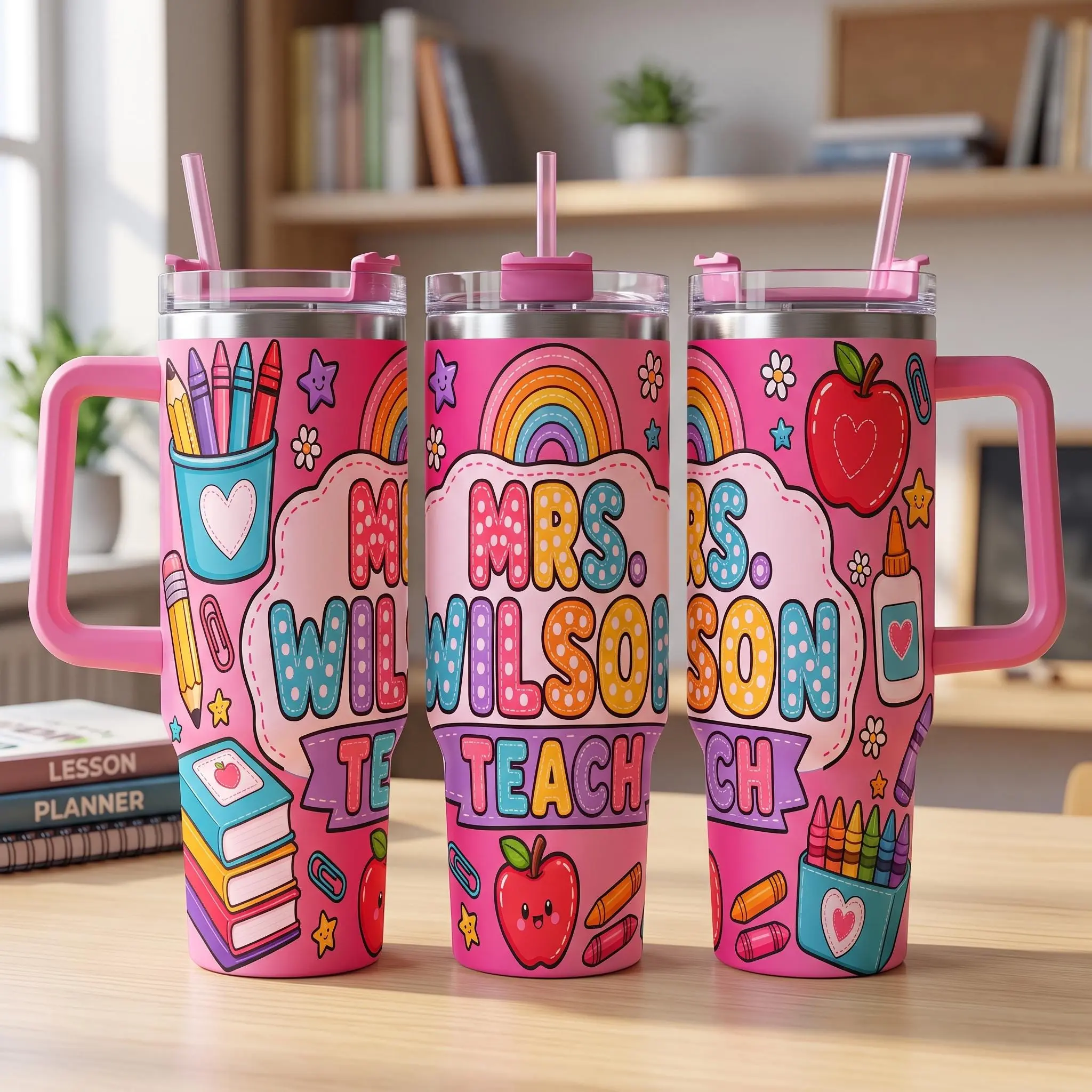 Personalized Teacher Vacuum Flask with Handle, Straw, Reusable Lid, Custom Name, Rainbow Pencils & Classroom Art - Teacher Gifts for Back to School Classroom Desk