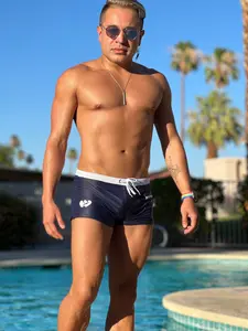 Men's Navy Blue Swim Trunks Square-Cut With Pocket