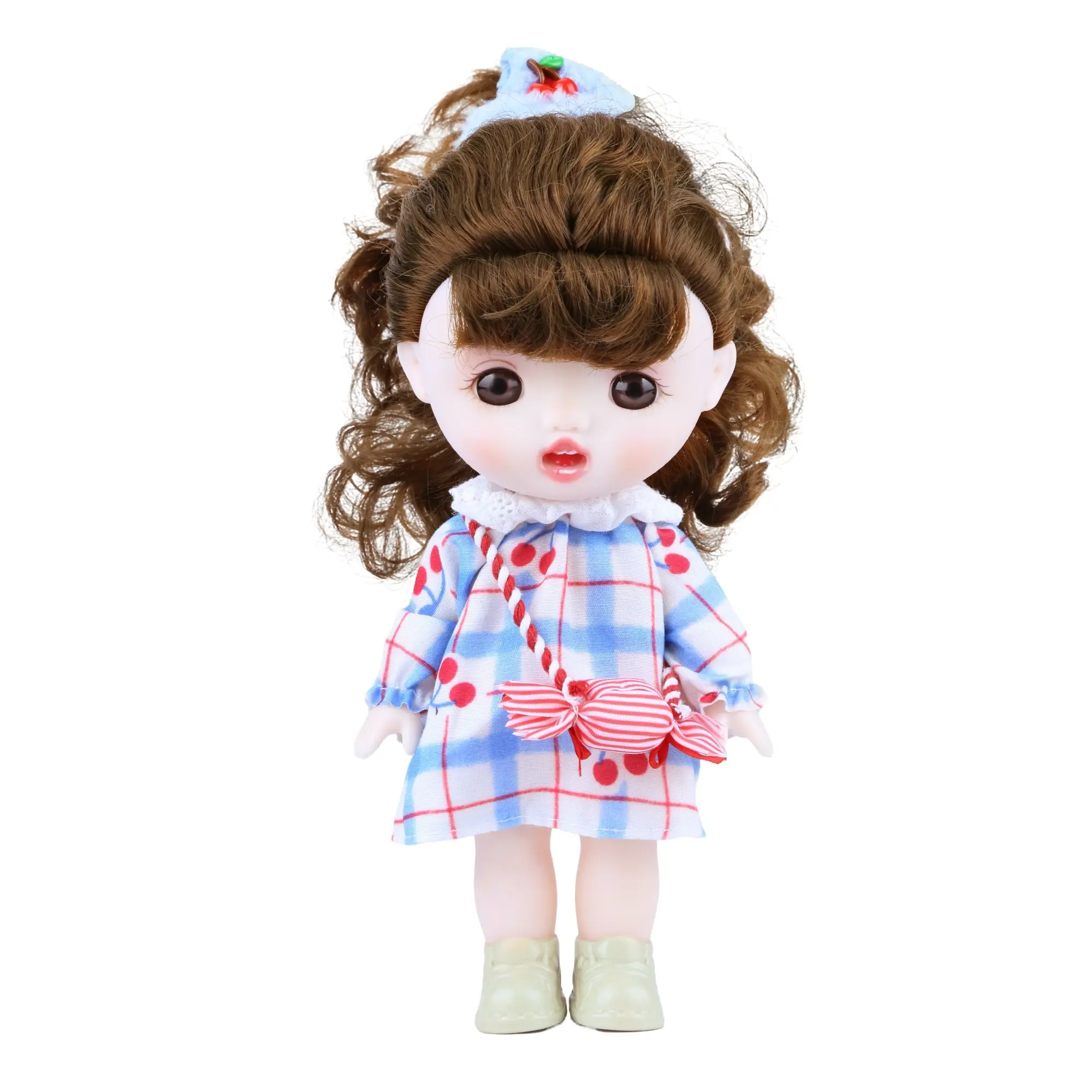 Kawaii Vinyl Plush Doll 8.6" – Brown Curly Hair, Blue Dress, Jointed Arms & Legs | Cute Princess Collectible Stuffed Animal Toy Gift for Girls, Kids, Teens, Friends, Birthday, Christmas, Halloween