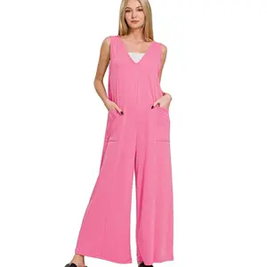 Zenana French Terry Deep V Neck Jumpsuits