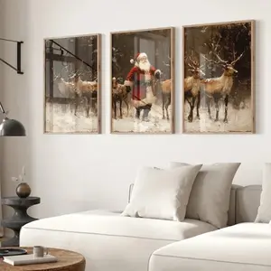 3PCS/set Unframed Vintage Winter Santa Claus Poster Elk Canvas Painting Wall Art Pictures Restaurant Living Room Home Decor