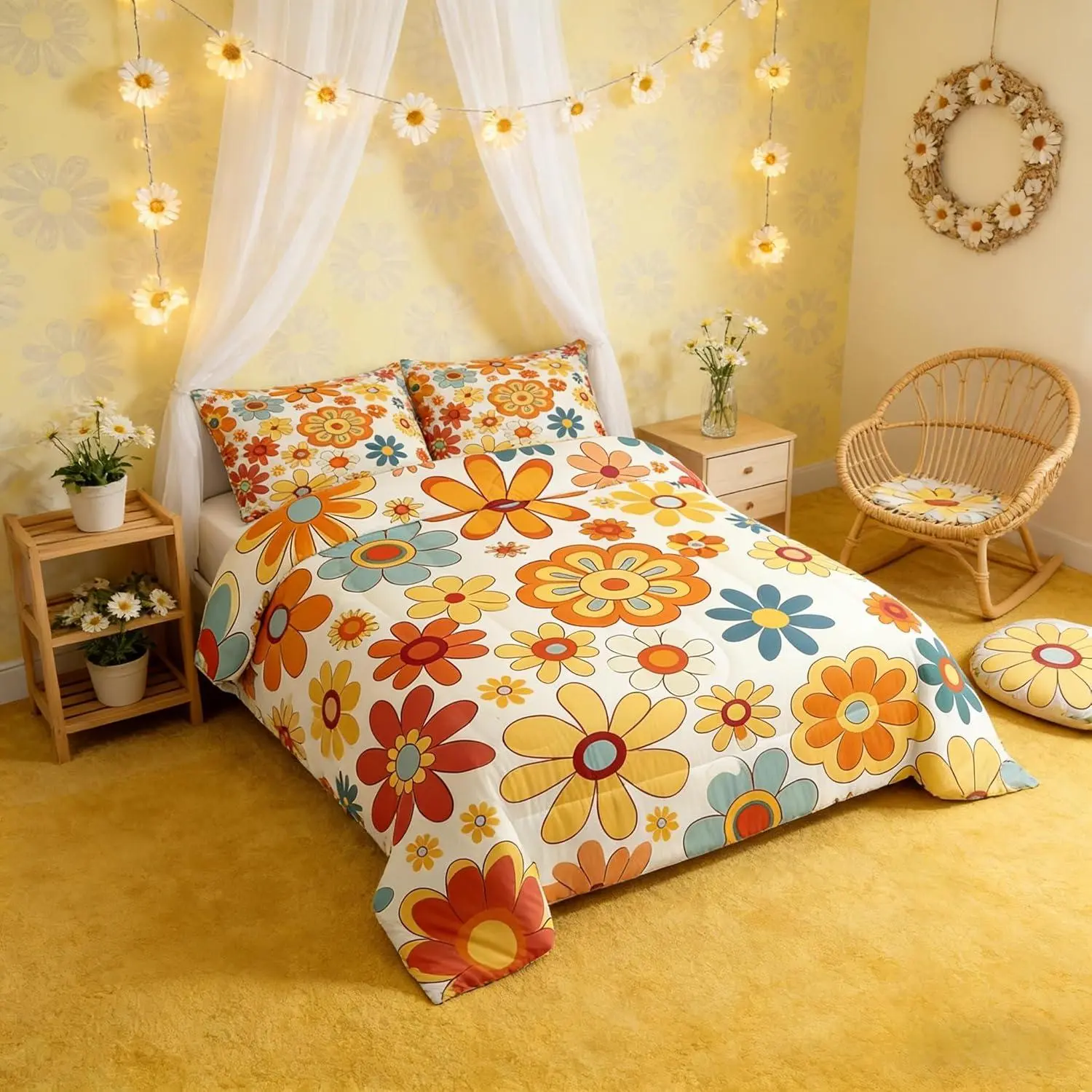 70s 80s Floral Comforter Set,Watercolor Rustic Groovy Flowers Bedding Set Men,Hippie Vintage Orange Yellow Quilted Duvet Set
