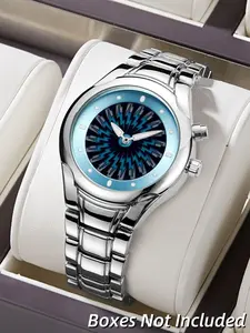 Cyberpunk Style Men's Watch, Lightning Dial Design, Ice Blue Gradient Face, Full Steel Band, Trendy Analog Quartz Watch