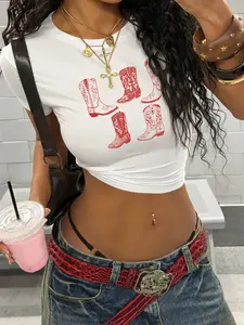 Women's Red Cowboy Boots Graphic Crop Tee, Retro Vintage Western Streetwear Style Fitted Short Sleeve Crop Top T-Shirt For Fashion Street Style