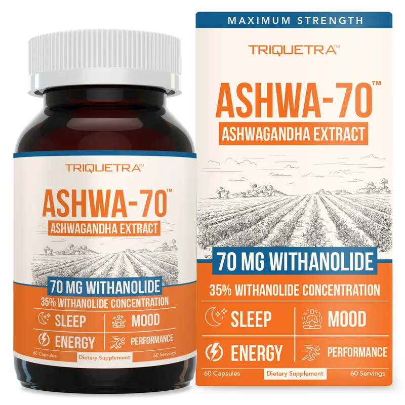 Triquetra Health Ashwa-70 Ashwagandha Extract - Organic Supplement for Health & Fitness Herbal Energy Capsules with 70mg of Withanolides for Sleep Mood & Performance 60 Servings