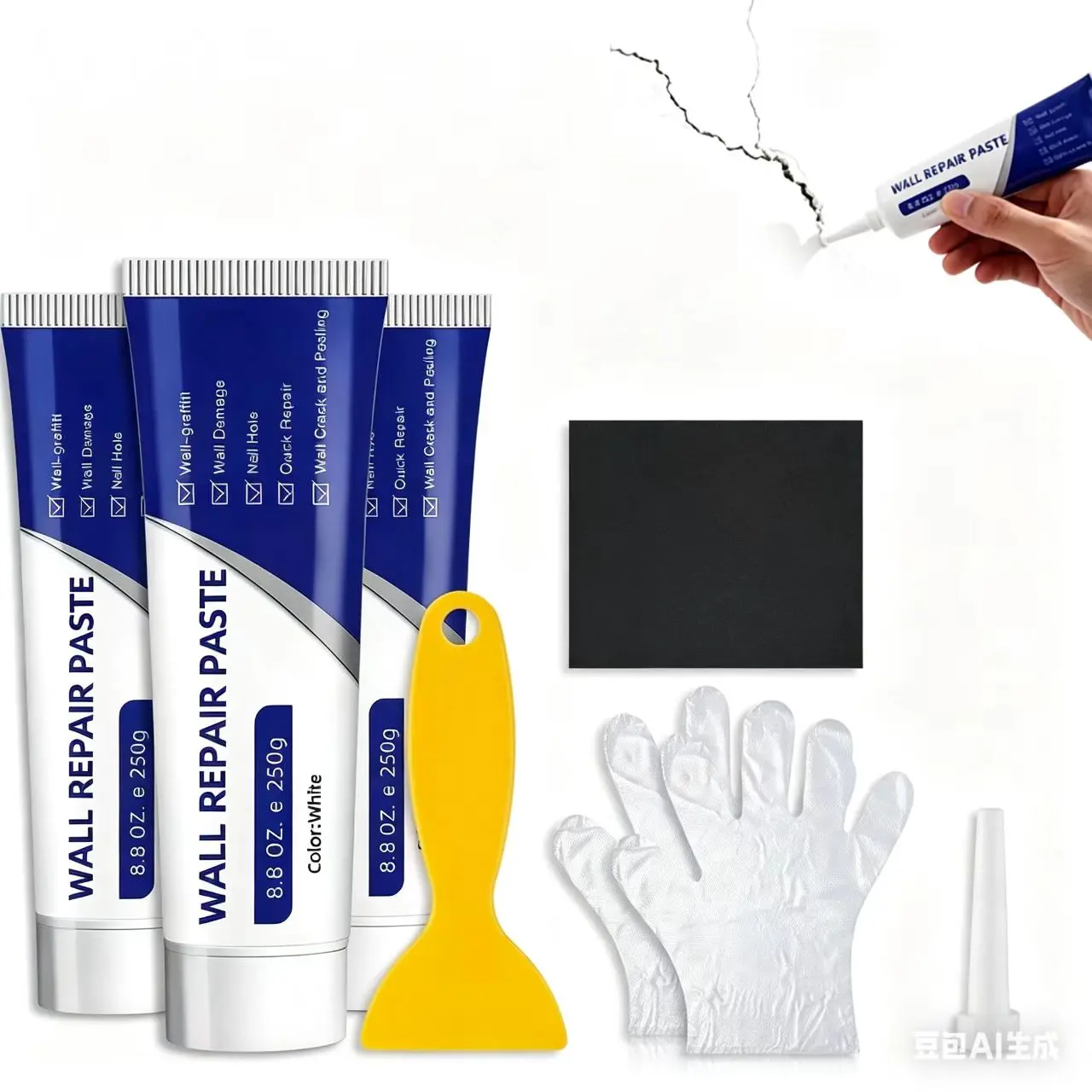 Drywall Repair Kit, 3Pcs Spackle Wall Repair Kit, New Wall Crack Repair Paste, Wall Repair Paste Tube with Scraper/Sandpaper, Effective Repair of Scratches, Holes, Cracks and Wall Graffiti (3*250g)