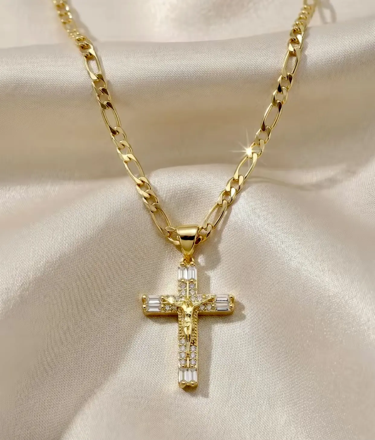14K Gold Jesus Cross Pendant Necklace with Cubic Zirconia - Unisex Christian Religious Jewelry with Copper Chain, Perfect Festival Gift for Christmas, Birthday, Anniversary