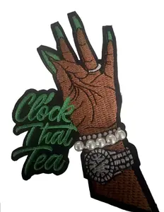 Clock That Tea iron on hand shaped patch