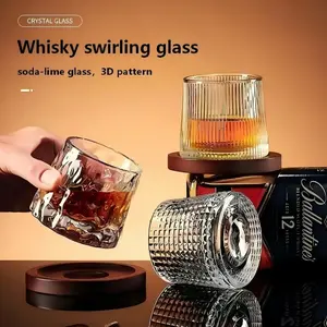 Premium Spinning & Rotatable Glass Whiskey Tumbler, Food Grade Lead & Cadmium Free Transparent Non-Slip Stable Base Shatter-Resistant Creative Cocktail Glass, Dishwasher Safe Barware for Scotch Bourbon Vodka Spirits, Ideal Gift for Men Home Bar Party