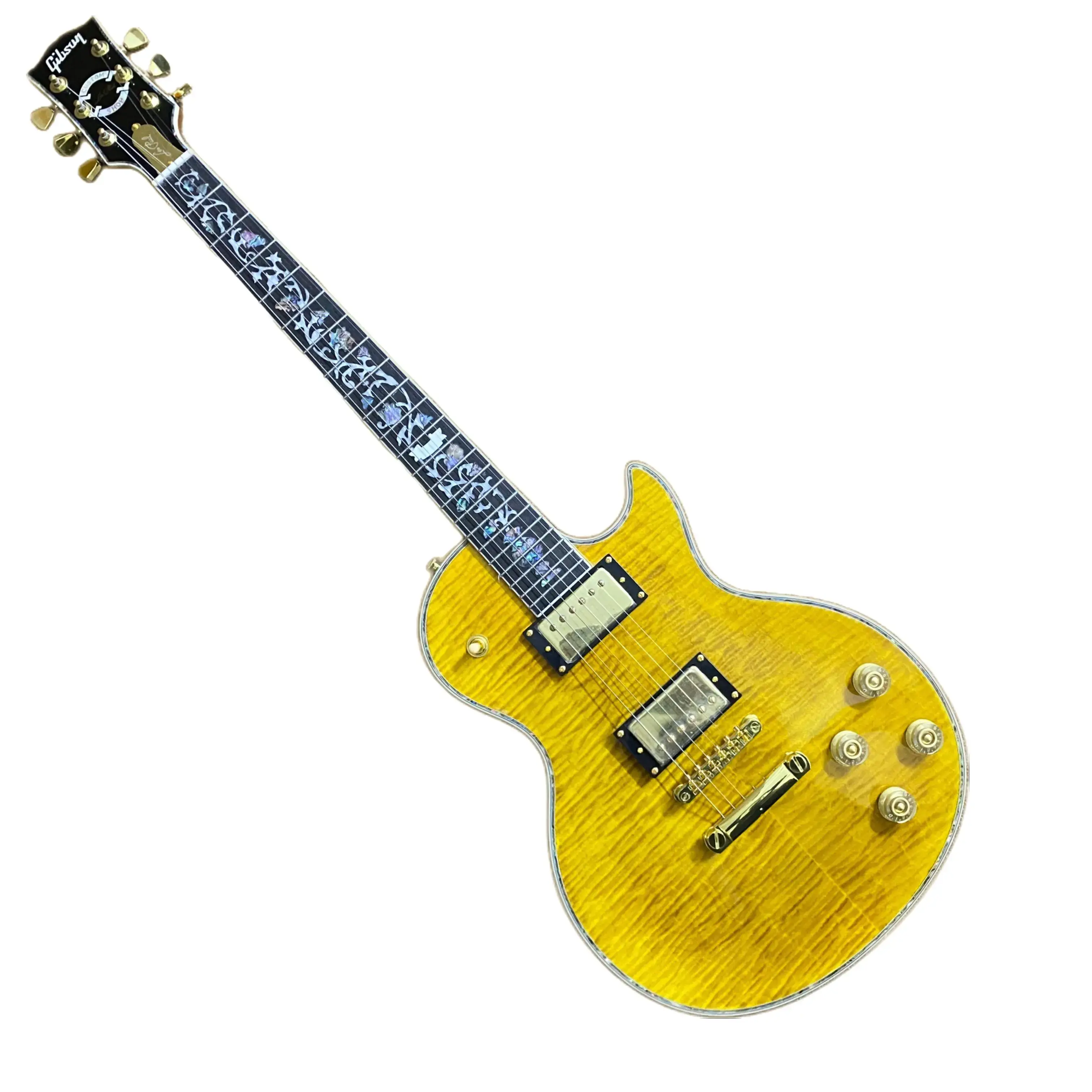 Wooden LP Electric Guitar - 6-String Solid Body, Classic Yellow Flame Maple Top with Natural Grain Patterns, Rosewood Fretboard, Oyster Shell Inlay for Live Performances & Guitar Enthusiasts, Stylish Guitar