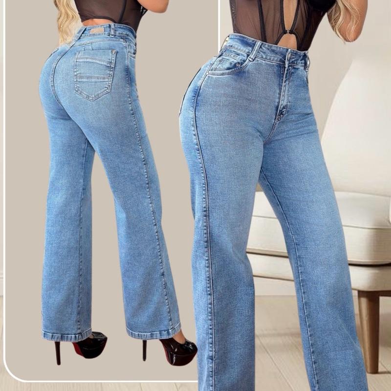 Jean Colombiano Women's High-Waisted Flare Jeans in Dark Blue Denim with Button Closure and Pockets