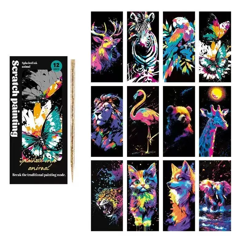 12 Scratch Art Sheets — Painted Animals Series | Educational Crafts, Creative DIY, Colorful Doodling | Scratch Art, Foil Scratch-offs, Engraving Art | The Perfect Choice for Birthdays, Holidays, New Year, and Christmas Gifts