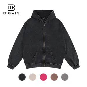 BIGWIG Unisex loose zip-up hoodie suitable for men and women, solid color zip-up sweatshirt acid wash long sleeve pullover, basic minimalist terry fabric cotton zip-up hoodie vintage