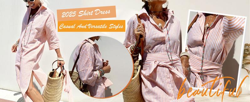 【New Arrival】Ebossy Womens 2026 Shirt Dress Casual Lapel 3/4 Sleeve Button Down Split Belted Vacation Maxi Dress