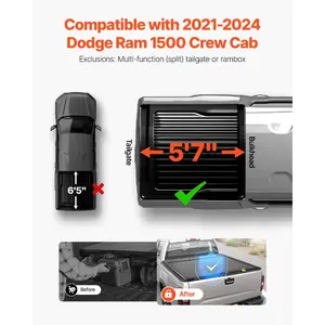 VEVOR Retractable Tonneau Cover, 5.7 ft Hard Retractable Tonneau Cover with Built-in Drainage Pipe for 2021-2024 Dodge Ram 1500 Crew Cab, Customized Hard Tonneau Cover with Double-Lock T-Slot