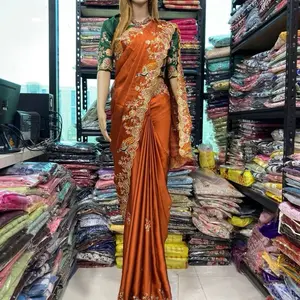 Gorges Pakistani Saree All Over Work with Ready Made Blouse Free Size Orange Color Traditional Dress