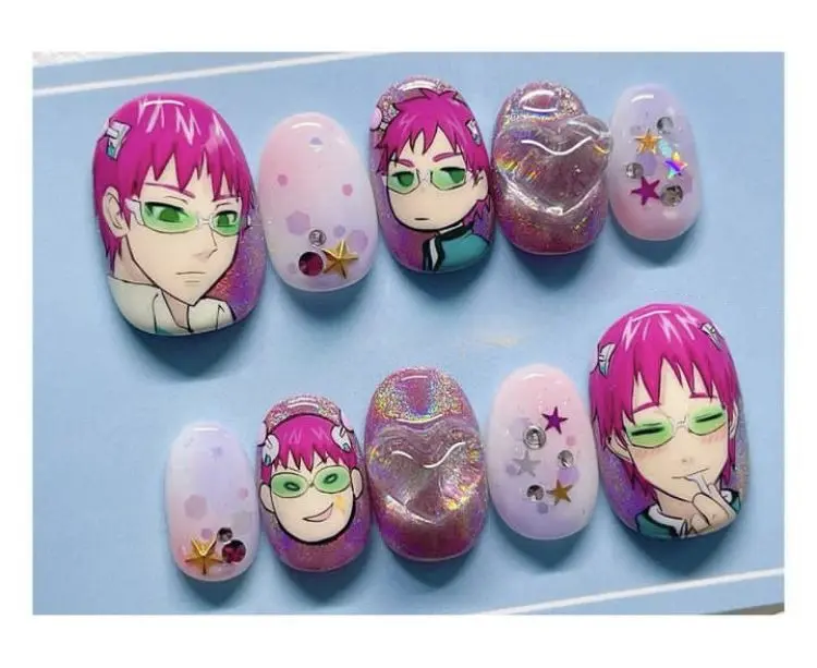 Psychic Anime Inspired Press On Nails Pink Purple Pastel 3D Kusuo Saiki Heart Star Handmade Reusable Almond Fake Nails with Free Adhesive Tabs Nail File & Cuticle Stick
