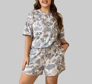 S-4X Plus Size Camouflage Print 2-Piece Outfit for Women, Oversize Loose Short Sleeve Tee and Drawstring Shorts, Up to 4XL, Stretchy 95% Polyester Blend,  Loungewear Set,Short Sleeve Loose Fit T-Shirt & Drawstring Shorts, Up to 4XL, sweatsuit,summeroutfit