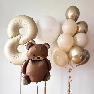 Chic Bear and Number Balloon Set in Neutral Tones for Birthday Parties, Baby Showers, and Elegant Celebrations