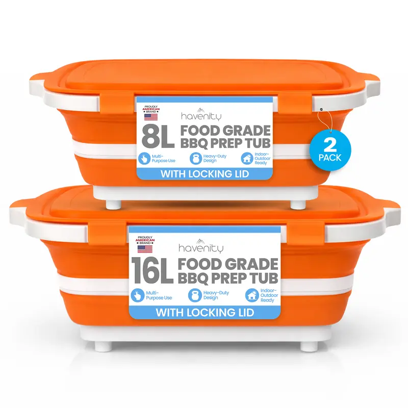 Havenity BBQ Prep Tub 2 Pack - Multifunctional Collapsible Camping Cutting Board with lid, Meat Storage Container for Meal Prep, Dish Bowl Perfect for Grilling Outdoor Cooking (Large + XL)