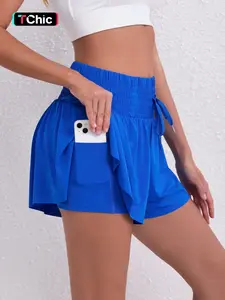 Women's 2 in 1 Drawstring Waist Shirred Skort, Casual Pocket High Waist Culottes for Summer, Women's Bottoms for Daily Wear