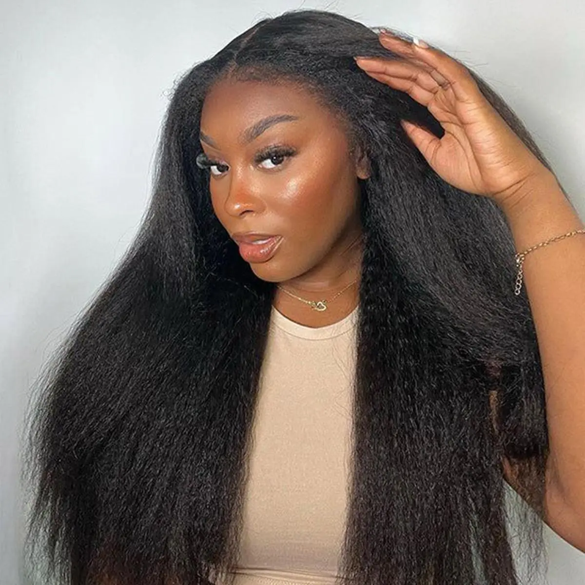 [Limited Deal] OQ HAIR Kinky Straight Hair V Part Wig With Drawstring No Leave Out Thin Part Human Hair Glueless Wigs Beginner Friendly
