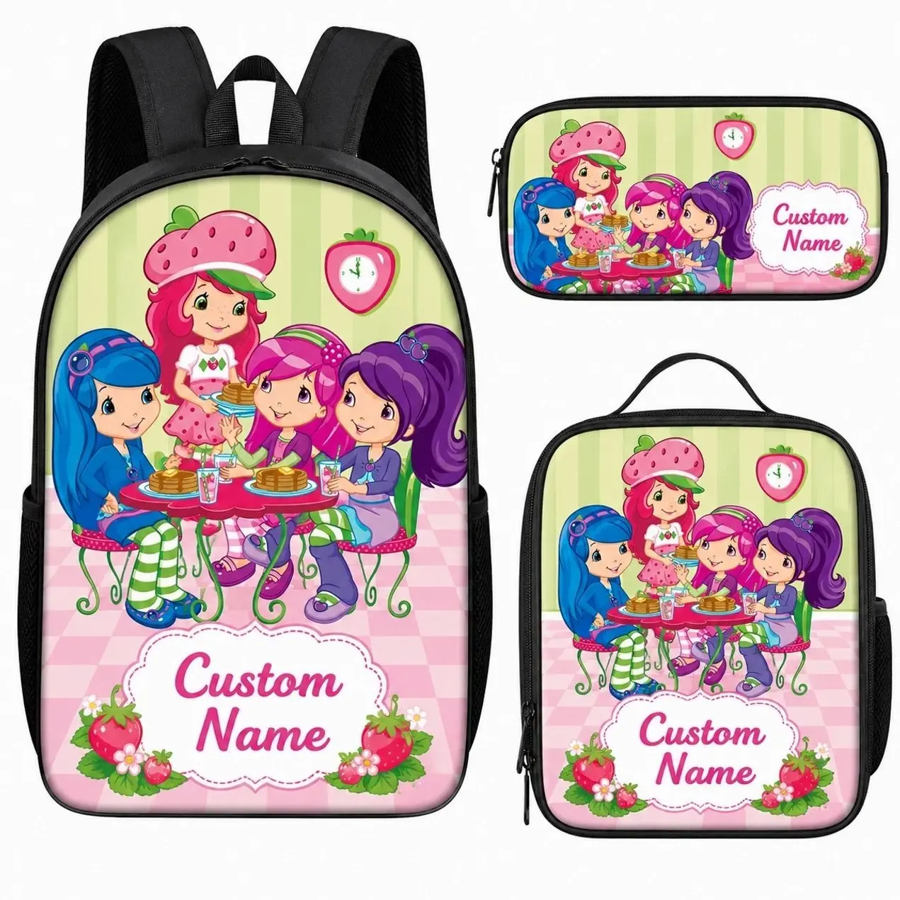 Custom Name Strawberry Berry Girl Backpack 3 Pcs Set - Kids Student School Bag Insulated Lunch Bag Pencil Pouch - Gift for Kids