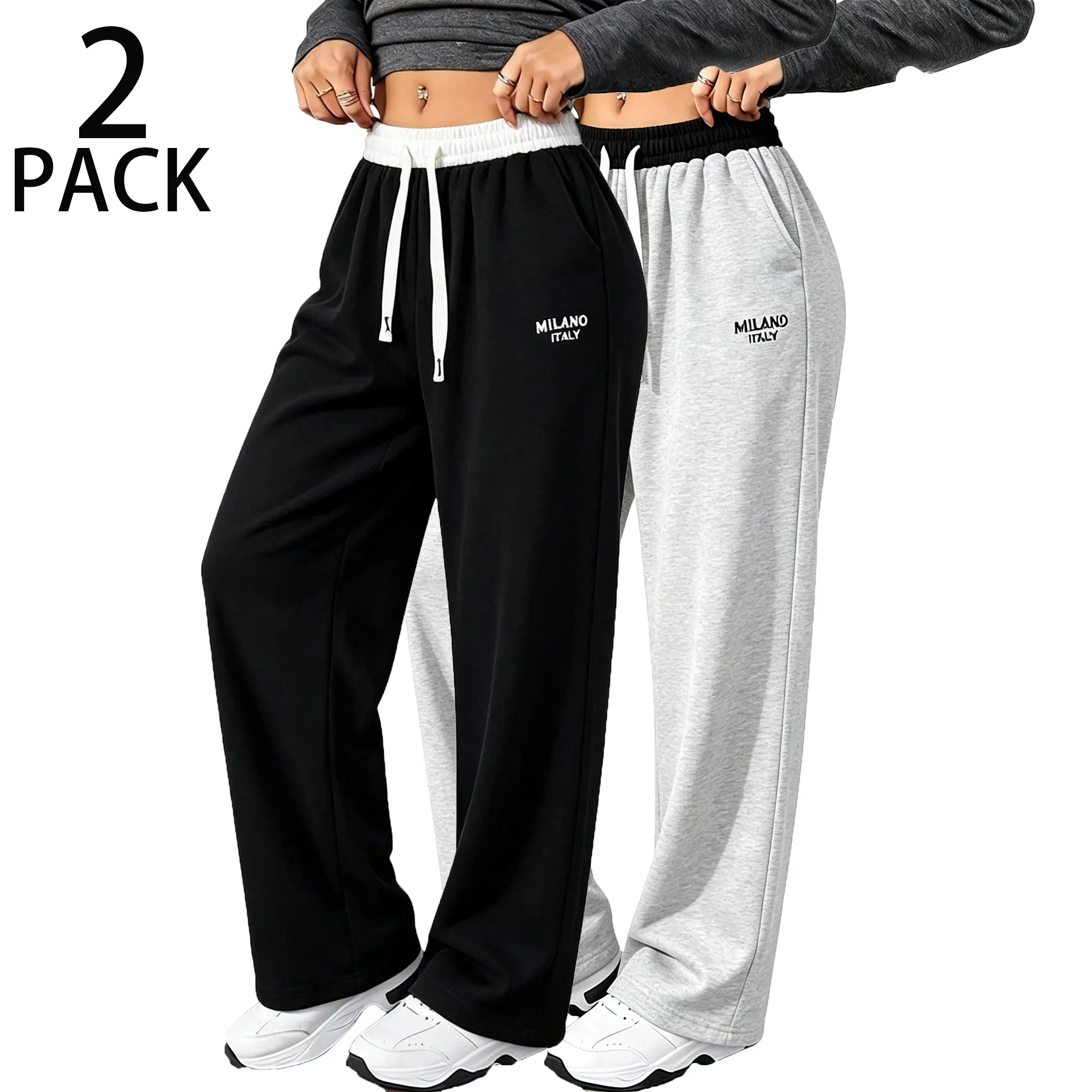2-pack women’s minimalist wide-leg floor pants with color-block design and waist print; elastic drawstring waistband; comfortable fabric; street, commuting, sports, and casual sweatpants backtoschool