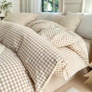 Tan Gingham Comforter Set California King 3 Pieces Plaid Comforter Set Beige Grid Comforter with 2 Pillowcases Soft Checkered Grid Pattern Gingham Bedding Set for All