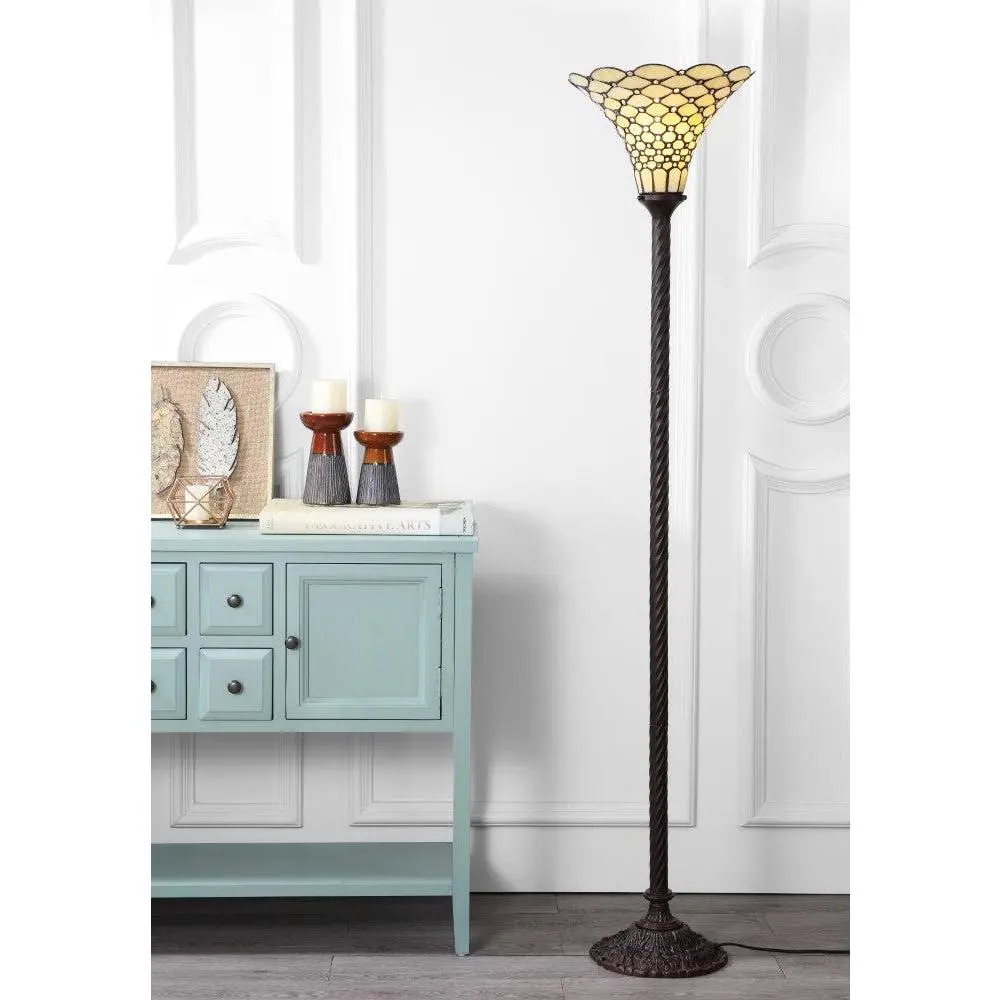 JONATHAN Y White Stained Glass Torchiere LED Floor Lamp - Lead-Free Eco-Friendly Indoor Use Lighting, Light Up Your Space for Living Room, Bedroom