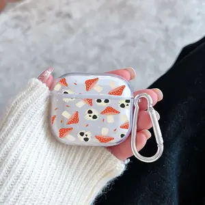 Mushroom skull design Pattern Protective Case for AirPods 4/3/2/1/Pro/Pro2 Soft TPU Earphone Cover, Transparent with Keychain