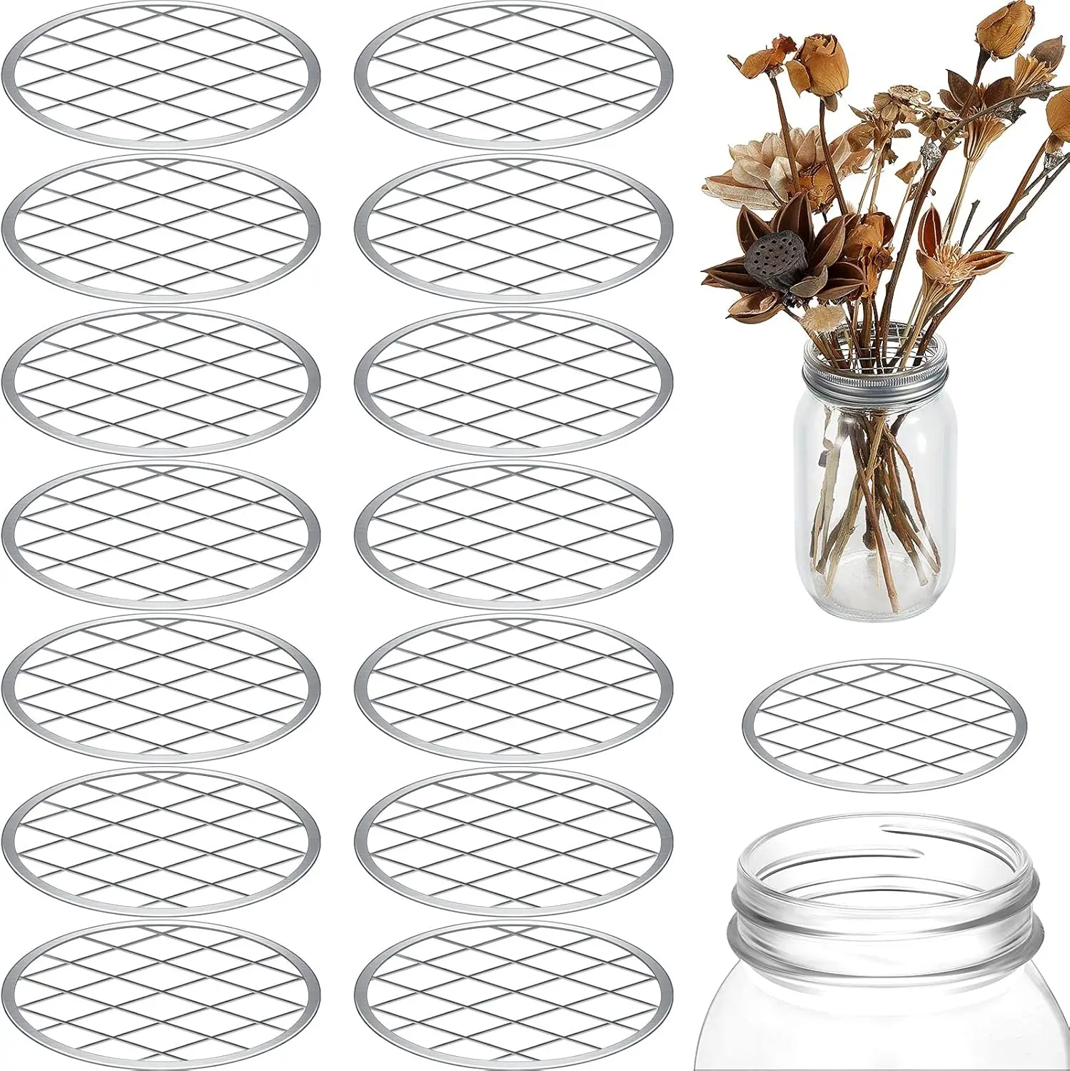15 Packs Mason Flower Jar Insert Lid for Wide Mouth Mason Canning Jars Metal Flower Lid Insert Mason Grid Flower Organizer Lid Insert Mason Jar Lids with Straw Hole