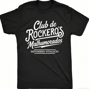 [100% Cotton] 100% Cotton Aesthetic Retro Rocker T-Shirt "Club de Rockeros Malhumorados"| Classic Cursive Font, Ultra-Soft Cotton, Great Gift for Moody Music Fans, Casual Old-School Outfit