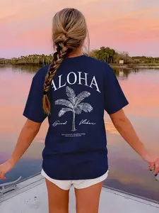 Women's Aloha, Tropical Palm Tree Graphic T-Shirt, Coconut Girl Beachy Vibes Cotton Tee, TikTok Viral Trendy, Oversized Fit, Soft Comfortable Fabric, Coastal Grandma Style, Beach Vacation Outfit, Good Vibes Only, Hawaii Travel Essen