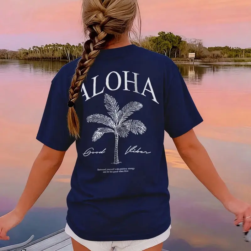 Women's Aloha Palm Tree Graphic Print T-Shirt, Coconut Girl Beachy Vibes, Tropical Tee, Summer Vacation Casual Top, Oversized Fit, Loose, Soft Fabric, Coastal Grandma Style