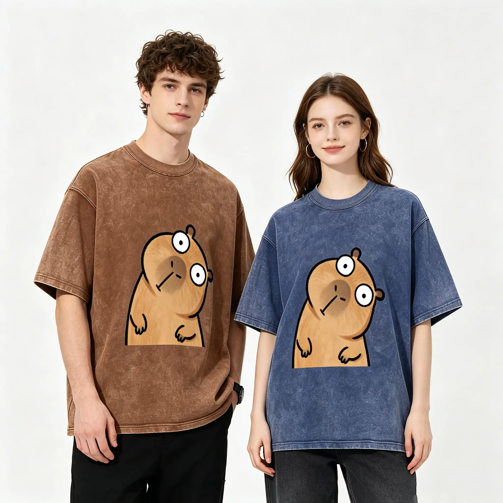 Retro Vintage Washed Short Sleeve Tee Cute Surprised Capybara Cartoon Print Kawaii Rodent Animal Unisex Streetwear Oversized Tshirt Womenswear Crewneck Top Casual Summer Nightwear Basic