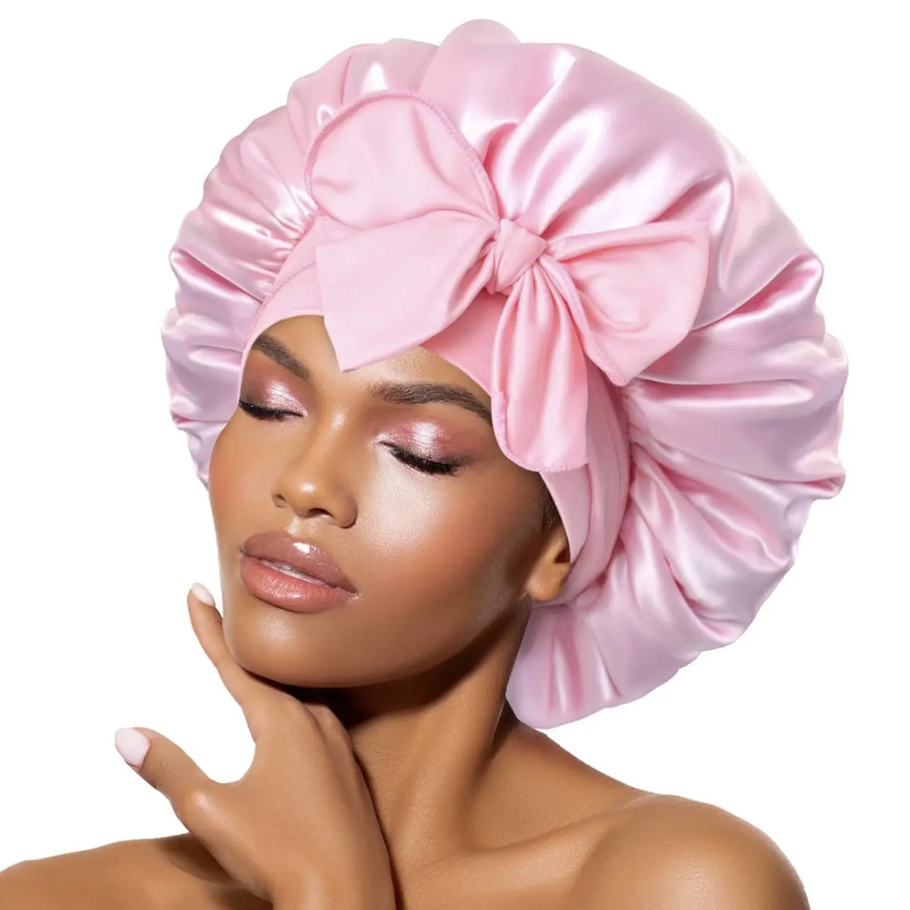 Satin Bonnet With Eye Mask Adjustable for Sleep Curly Hair Women\'s Pink Satin Silk Bonnet for Curly Hair | Adjustable Sleep Cap for  main image 4