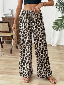 2026 Drawstring Elastic Waist Lightweight Viscose Leopard Print Wide Leg Palazzo Pants, Drawstring High Rise, Casual/Beach/Summer Vacation for Women, High Waist Breathable Comfortable, Soft & Non-See-Through